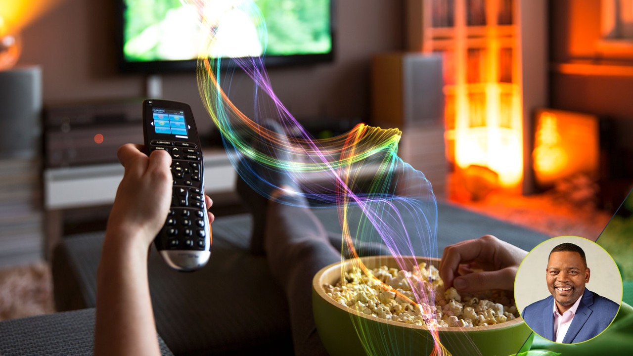 Dr. Charles Johnson-Bey overlaid on an image of a person with bowl of popcorn and remote, watching TV.