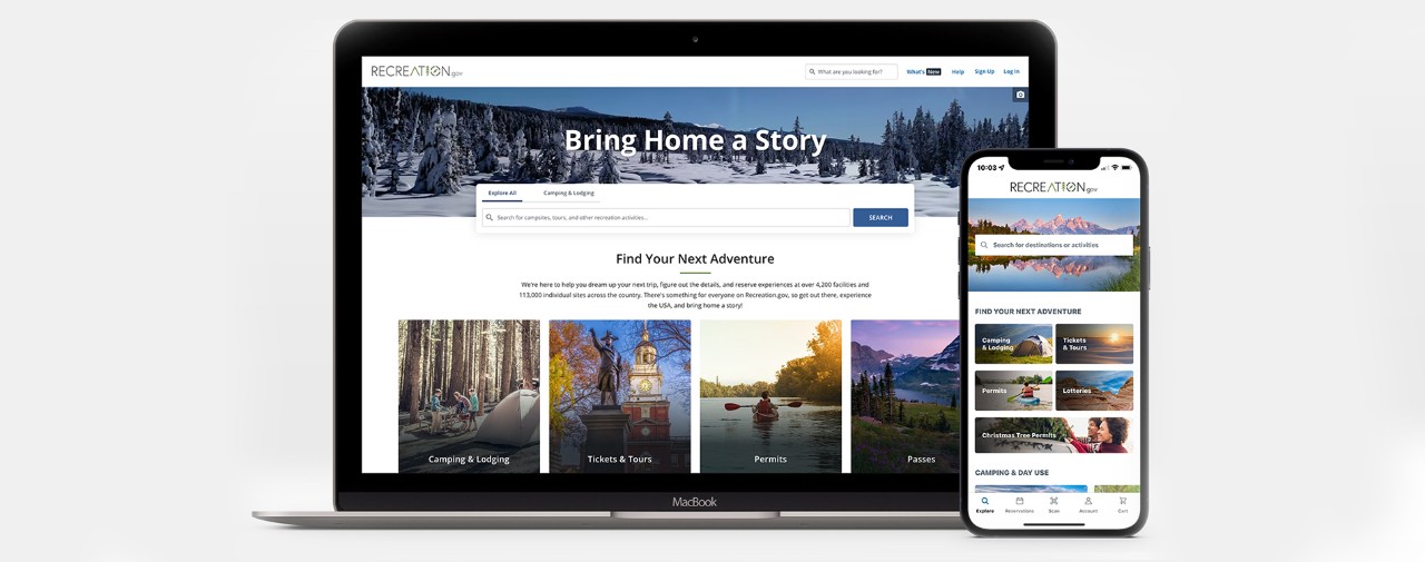 a computer screen and a smartphone displaying the recreation.gov website