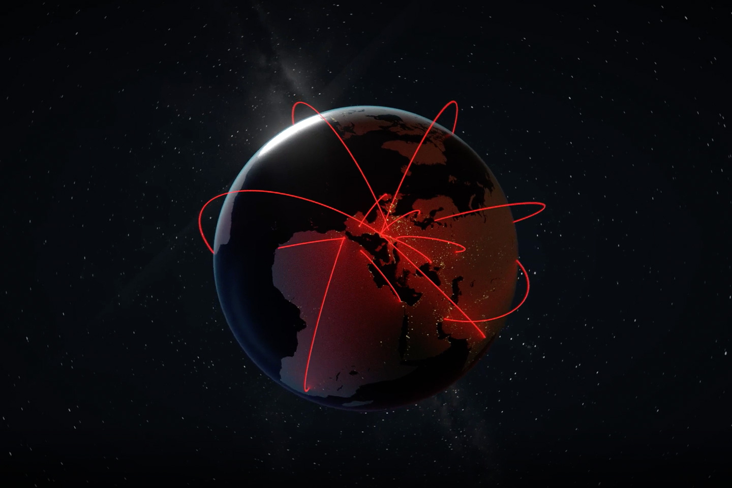 cyber attacks, represented by bright red lines crisscrossing the globe from a centralized region