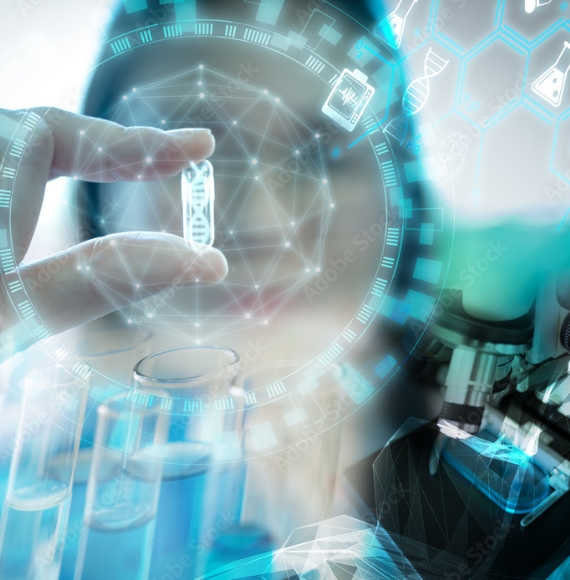 Healthcare research data and tools overlayed onto an image of a healthcare researcher holding a pill with genetic data inside.