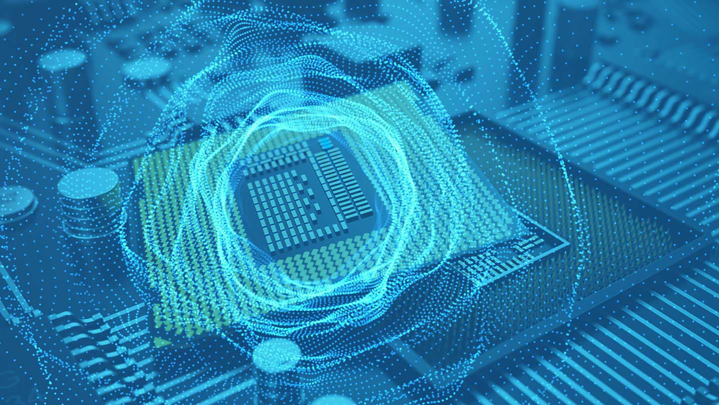 Circuit board with blue circles radiating from the center.