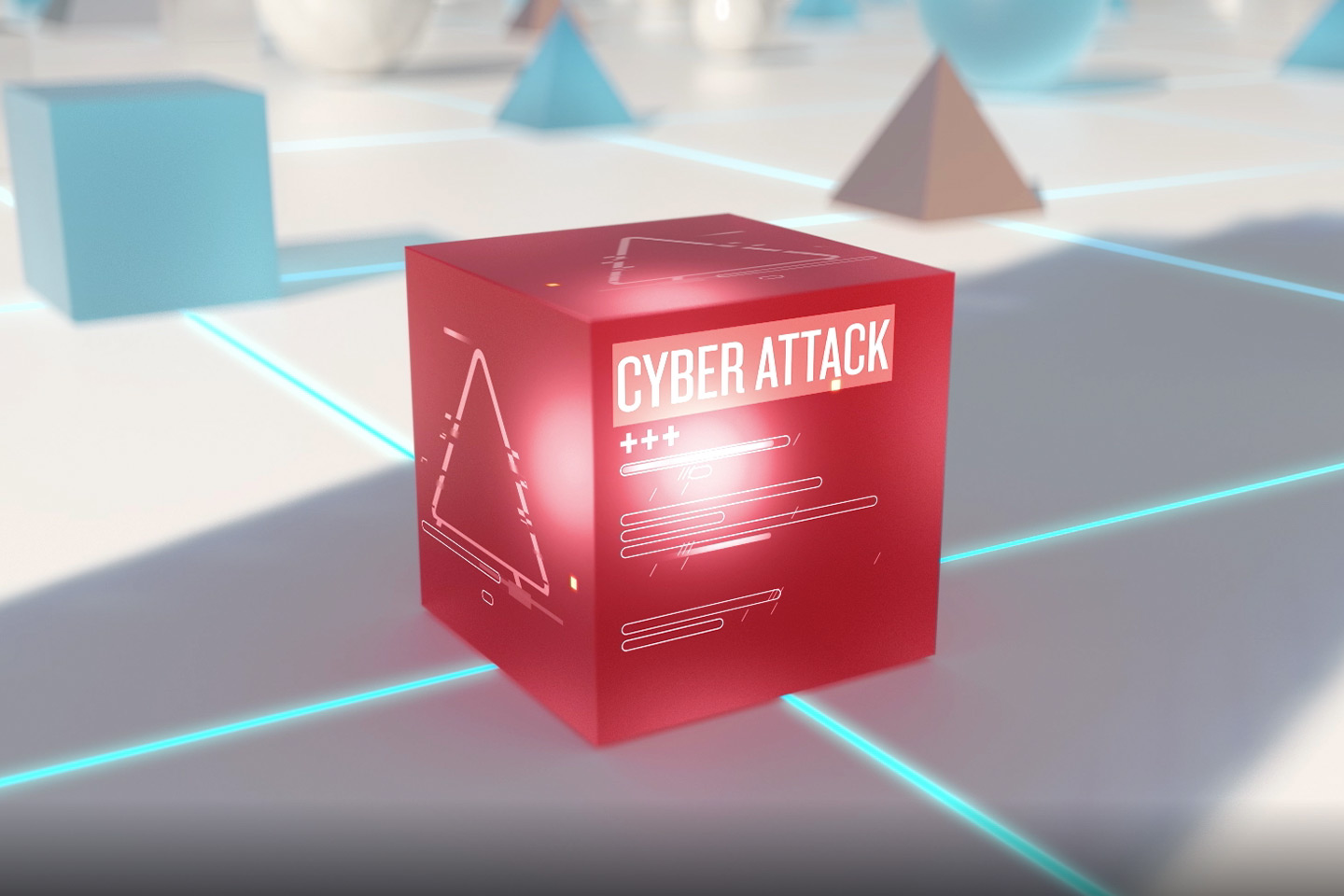 Network grid with shapes at intersections to indicate events on the network. A red square indicates that it is a cyber attack.